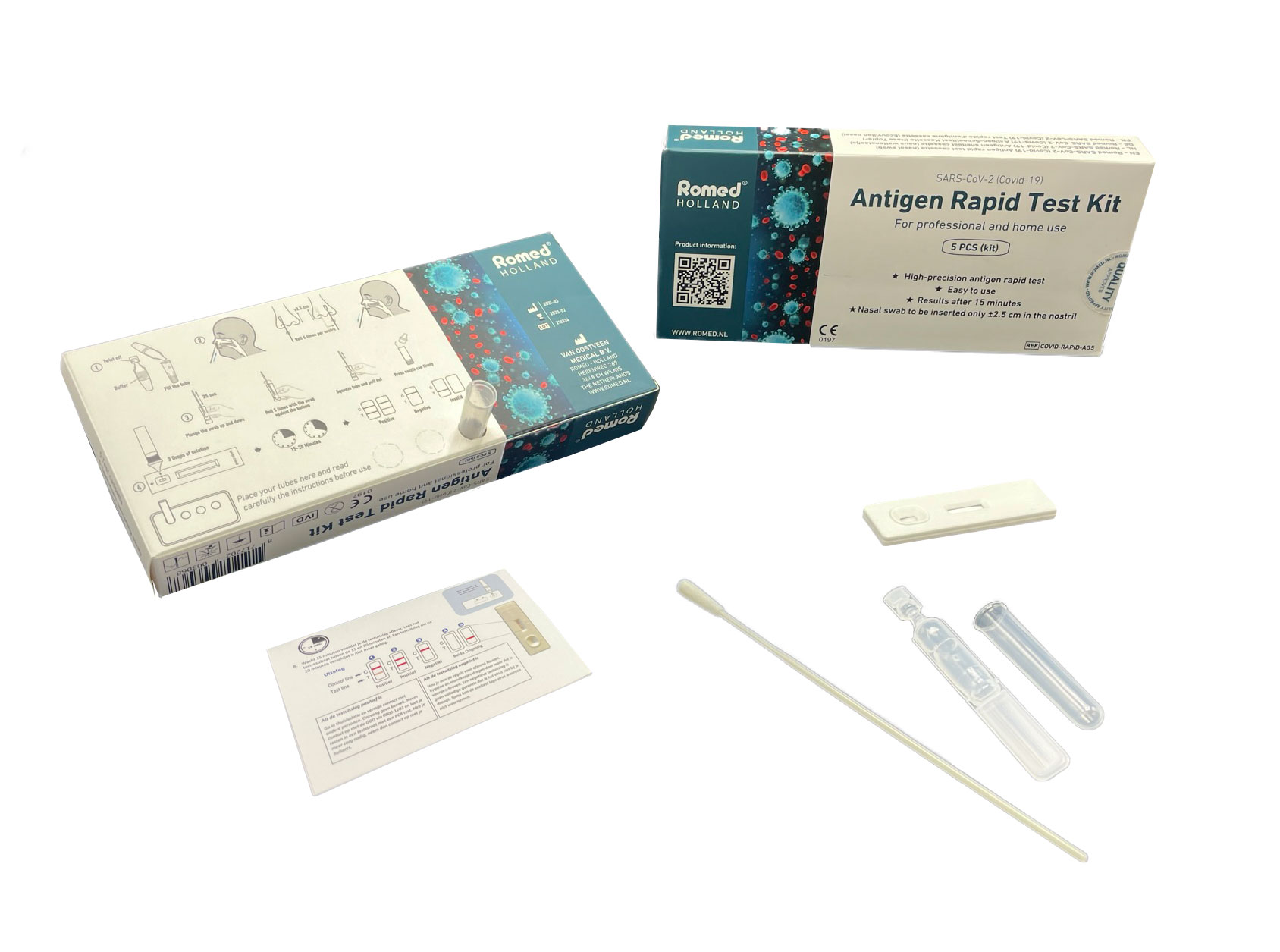 COVID-R-AG1095 Romed COVID-19 antigen rapid test cassette for the detection of an acute SARS-CoV-2   infection. This test shows whether SARS-COV-2 antigens are present in the nasal mucus.

Materials provided:
5 Test Cassettes
5 Extraction Buffer Vials
5 Sterile Swabs
5 Extraction Tubes and Tips
1 Package Insert


Packed per 5 pcs in an innerbox, 1.095 pcs per carton.